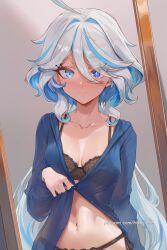 ahoge ai_generated alternate_costume black_bra black_panties blue_eyes blue_hair blue_shirt blush bra breasts cleavage closed_mouth collarbone drop-shaped_pupils female furina_(genshin_impact) genshin_impact hair_between_eyes heterochromia hikari406 light_blue_hair long_hair long_sleeves looking_at_viewer medium_breasts mirror mismatched_pupils multicolored_hair navel open_clothes panties reflection shirt side-tie_panties solo stomach streaked_hair two-tone_hair uncensored underwear very_long_hair white_hair