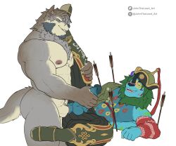 6:5 anal anal_sex anthro anthro_on_anthro anthro_penetrated anthro_penetrating anthro_penetrating_anthro artist_name balls blue_balls blue_body blue_fur blue_penis canid canine clothed clothing duo erection eye_roll felid fur genitals green_mane grey_body grey_fur grey_hair grin hair humanoid_genitalia humanoid_penis johnthelewd_art lion lying male male/male male_penetrated male_penetrating male_penetrating_male mammal mane markings muscular muscular_anthro muscular_male narrowed_eyes nude on_back open_mouth open_smile pantherine patreon patreon_logo penetration penile penile_penetration penis penis_in_ass red_markings sex side_view simple_background smile standing tan_balls tan_body tan_fur tan_penis text white_background x_logo yellow_eyes yellow_markings
