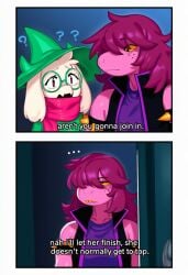 1boy 1futa 2018 ai_generated anthro bovid caprine clothed clothing comic cucumber_king deltarune dialogue duo english_text eyewear female freckles fur futa_with_male futanari glasses goat hair hat headgear headwear hellsonger hi_res horn intersex male mammal question_mark ralsei reptile scalie scarf susie_(deltarune) text undertale_(series)