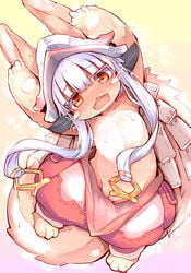 absurdres animal_ears blush eyebrows_visible_through_hair female fur furry highres lolo_(kemonono) made_in_abyss nanachi narehate open_mouth pussy simple_background solo whiskers white_hair yellow_eyes