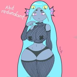 blue_body blue_skin breast_tape fin_ears fins fish fish_girl fishgirl fishnet_armwear fishnet_clothing fishnet_legwear fishnet_stockings fishnets hips kairasin monster monster_girl panties thick_thighs thighs water water_hair wide_hips