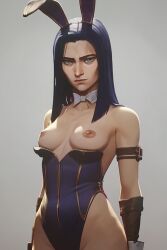 1girls ai_generated arcane_caitlyn blue_eyes bowtie breasts breasts_out bunny_ears bunnysuit caitlyn_kiramman collar cowboy_shot female female fit_female hand_on_hip hips league_of_legends leotard looking_at_viewer medium_breasts navel nipples playboy_bunny purple_hair solo solo_female solo_focus stable_diffusion straight_hair tagme thighs undressed