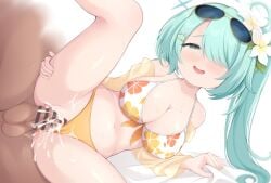 1boy aqua_hair bar_censor bikini blue_archive blush breasts censored cleavage commentary_request cum cum_in_pussy cum_overflow detached_sleeves eyewear_on_head female floral_print_bikini flower hair_flower hair_ornament hair_over_one_eye highres hiyori_(blue_archive) hiyori_(swimsuit)_(blue_archive) large_breasts leg_up lying maccha mosaic_censoring navel official_alternate_costume on_side open_mouth orange_bikini paid_reward_available pussy sex sheet_grab side_ponytail straight sunglasses swimsuit testicles vaginal_penetration