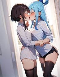 2girls ai_generated aqua_(konosuba) black_stockings blue_hair brown_hair closed_eyes clothed kissing kissing kono_subarashii_sekai_ni_shukufuku_wo! lesbian_kiss megumin morindar open_eyes shirt stockings white_shirt yuri yuri