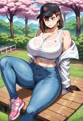 ai_generated ayase_momo bitch cap civitai dandadan fingerless_gloves giantess hourglass_figure huge_ass huge_breasts jeans tank_top