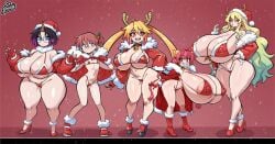 5girls bare_shoulders big_breasts bikini breast_envy breasts breasts_bigger_than_head christmas christmas_clothing christmas_outfit cleavage dragon_girl elma_(dragon_maid) female female_only flat_chest gloves horns huge_breasts hyper_breasts ilulu_(dragon_maid) kobayashi large_breasts lucoa miss_kobayashi's_dragon_maid nipples nipples_visible_through_clothing non-human pale-skinned_female pale_skin petite pointy_ears red_eyes red_hair shortstack skinny skinny_girl small_breasts srbready thick_thighs tohru_(dragon_maid) twintails wide_hips