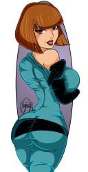 ass big_breasts breasts brown_hair danny_phantom elbow_gloves gloves jumpsuit looking_at_viewer looking_back madeline_fenton marker77 milf nickelodeon nicktoons pixie_cut purple_eyes undressing undressing_self