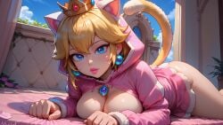 1girls ai_generated big_ass blonde_hair blue_eyes breasts_pressed_against_bed cat_ears cat_tail catgirl cleavage crown earrings hoodie large_breasts lipstick looking_at_viewer mario_(series) necklace on_bed on_stomach outdoors panties princess_peach skirt thick_thighs