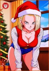 2024 2d 2d_(artwork) ai_generated android_18 bending_forward bending_over blonde_female blonde_hair blonde_hair blonde_hair_female breasts breasts chichiwarrior christmas christmas_2024 clothed clothed_female cyborg cyborg_girl dragon_ball dragon_ball_z inside light-skinned_female light_skin looking_at_viewer winter