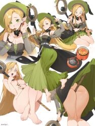 alternative_costume arknights ass barefoot blonde_hair bodily_fluids breasts cleavage clothing completely_nude dnaitari dress drooling dungeon_meshi earrings elf feet female female food green_dress green_eyes green_hat hat headwear high_resolution holding holding_object holding_spoon holding_staff jewelry kneepits legs marcille_donato marcille_donato_(terra_&_traveller) medium_breasts multiple_views nipples nude official_alternative_costume open_mouth pointed_ears portable_stove saliva simple_background spoon staff toenails toes twitter_username username white_background