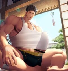 1boy amber_eyes bara beard_stubble beefy biceps big_areola big_breasts big_hands big_penis black_hair blush boxer_briefs censor_bar censored censored_penis clothed collarbone crossed_legs erection erection_under_clothes fan gay hi_res huge_cock hunk indoors japanese_house long_penis looking_at_viewer male male_breasts male_only manly mature_male meisho_hanten muscles muscular muscular_arms muscular_legs muscular_male muscular_thighs open_mouth oppai original original_character pecs penis_bigger_than_head pine_tree pubic_hair short_hair sitting sliding_doors solo summer sweat sweatdrop tank_top thick_arms thick_penis thick_thighs tough_guy translucent_clothing veiny_arms veiny_breasts veiny_muscles very_high_resolution wide_shoulders wind_chime yaoi