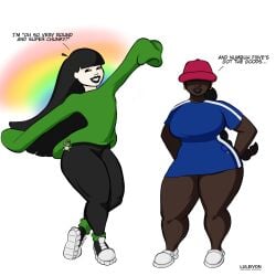 asian_female bare_legs bbw big_breasts big_calves big_legs black_female black_lipstick breasts_through_clothes cartoon_network codename:_kids_next_door cosplay dark-skinned_female dark_skin eyes_covered fully_clothed grinning_at_viewer leggings long_hair lucinia_acheampong_(luleiverse) luleiverse luleivon muscular_legs numbuh_3 numbuh_5 pale_skin pale_skinned_female shortstack smiling_at_viewer stuffed_animal thick_calves thick_thighs tomoyo_neuenschwander_(luleiverse) very_dark-skinned_female very_dark_skin very_pale_skin white_background