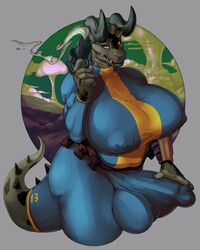 1futa 2017 anthro balls big_breasts breasts bulge clothed clothing coal-heart deathclaw dickgirl fallout futa_only futanari gnah'toshah holding_object holding_weapon huge_breasts intersex nipple_bulge penis_outline pip-boy scalie solo solo_futa sukebepanda vault_13 vault_suit video_games weapon