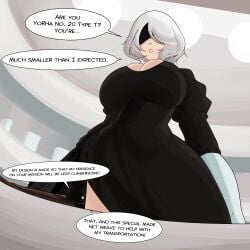 1boy 1girls clothed clothed_female clothed_male extreme_size_difference giantess light-skinned_female light-skinned_male light_skin micro micro_male nier nier:_automata nier_(series) size_difference slugman_(artist) white_hair yorha_2b