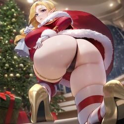 1girls absurd_res ai_generated alternate_costume ass_focus azur_lane blonde_hair blue_eyes christmas christmas_outfit christmas_present christmas_tree elf elf_ears elf_female from_behind from_below fur_trim gloves hand_on_butt high_heels holding_object hood_(azur_lane) huge_ass kneeling large_breasts legs_apart liu_(artist) looking_at_viewer on_knees parted_lips santa_costume solo solo_female stripped_thighhighs thick_thighs thighhighs thighlet voluptuous voluptuous_female