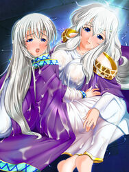 2girls barefoot blue_eyes breasts cloak cum cum_on_clothes deirdre_(fire_emblem) fire_emblem fire_emblem:_genealogy_of_the_holy_war julia_(fire_emblem) large_breasts mother_and_daughter multiple_girls sakuranbo white_hair