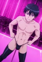 ai ai-created ai_art ai_assisted ai_generated black_thong bulge gay hida_kizuna male male_focus male_only male_stripper masou_gakuen_hxh pulling_underwear solo_male strip_club stripper striptease thigh_boots thighhighs thong