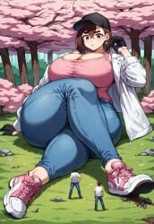 ai_generated ayase_momo cap civitai dandadan giantess hourglass_figure huge_breasts jacket outdoors shoes size_difference smiling