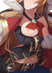 1girls belt belt_buckle blush bow breast_focus breasts breasts_out brown_hair buckle cape crossed_arms eyes_out_of_frame female_focus female_only granblue_fantasy highres large_breasts lecia_(granblue_fantasy) morisobo navel nipples open_clothes red_bow simple_background solo sweat white_background