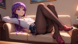 1boy ai_generated bulge button_down_shirt couch crossdressing happiness! indoors leaning_back legs_together legs_up long_hair looking_away on_couch otoko_no_ko panties pantyhose purple_eyes purple_hair shoes skirt trap watarase_jun