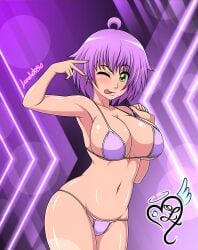 1girls arm_up armpits artist_name big_breasts bikini breasts busty cleavage clenched_hand curvy female female_only green_eyes highres large_breasts legs looking_at_viewer navel one_eye_closed original pose posing purple_bikini purple_hair smile solo source_request swimsuit thighs tongue tongue_out v voluptuous wink yukino_akaihi