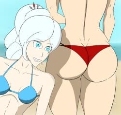 beach big_ass bikini female_only ruby_rose rwby small_breasts smiling titalisk wedgie weiss_schnee