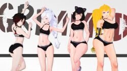 3d 4girls against_wall alternate_hairstyle arm_behind_head armpits arrancon ass big_ass big_breasts black_hair blake_belladonna blonde_hair blue_eyes breasts busty cleavage come_hither confident female female_only grey_hair grimmed hi_res large_breasts legs looking_at_viewer medium_breasts multiple_girls pose posing purple_eyes ruby_rose rwby seductive seductive_smile sensual sexy_armpits short_hair sideboob sports_bra take_your_pick thighs thong toned voluptuous weiss_schnee yang_xiao_long