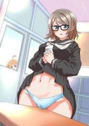 absurdres ahoge black_serafuku black_skirt blue_eyes blue_panties blush brown_hair cameltoe chokkakudo classroom closed_mouth crotch_rub female_masturbation from_below glasses grinding highres imminent_peeing lifting_own_skirt looking_down love_live! love_live!_sunshine!! masturbation navel necktie omorashi orange_hair panties peeing peeing_self pussy red_eyes sailor_collar school_uniform serafuku short_hair skirt skirt_lifted skirt_lifted_by_self stomach table_humping takami_chika teeth thighs underwear uranohoshi_school_uniform urine variant_set watanabe_you wavy_hair