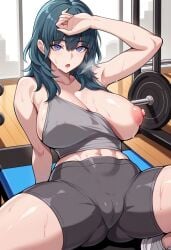 ai_generated breasts_out byleth_(fire_emblem) byleth_(fire_emblem)_(female) cameltoe civitai fire_emblem fire_emblem:_three_houses gym gym_uniform large_breasts off_shoulder puffy_nipples sweat tagme tits_out