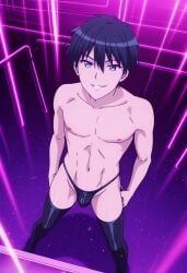 ai ai-created ai_art ai_assisted ai_generated black_thong bulge gay hida_kizuna male male_focus male_only male_stripper masou_gakuen_hxh solo_male strip_club stripper thigh_boots thighhighs thong
