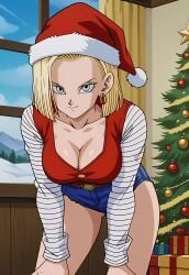 accurate_art_style ai_generated android_18 big_breasts blonde_hair christmas christmas_outfit christmas_tree dragon_ball_z ecchi fake_screenshot looking_at_viewer