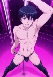 ai ai-created ai_art ai_assisted ai_generated black_thong bulge gay hida_kizuna male male_focus male_only male_stripper masou_gakuen_hxh pole_dancing pulling_underwear solo_male strip_club stripper stripper_pole striptease thigh_boots thighhighs thong