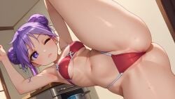 1girls ai_generated anus anus_peek belly_button bikini bikini_top cameltoe hair_bun indoors kagami_hiiragi leg_up legs_spread looking_at_viewer lucky_star medium_breasts micro_bikini one_eye_closed purple_eyes purple_hair slim_waist thick_thighs underboob