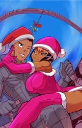 1boy 1girls bare_shoulders bare_thighs big_breasts black_hair blue_eyes christmas christmas_hat christmas_outfit color dark-skinned_female dark_skin female fred_perry gold_digger hi_res kevin_koss large_breasts male male/female penny_pincer short_hair tagme thick_thighs