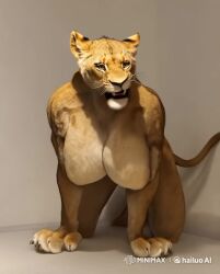 ai_assisted ai_generated anthro breast_physics brown_fur cat_eyes confident feline furry gynomorph/female hailuoai lion lioness minimax muscular muscular_anthro power_pose standing strong strong_woman tagme video yellow_eyes