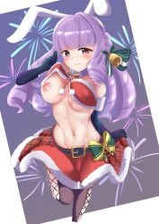 1girls animal_ears blush breasts chuchu_(show_by_rock!!) clothes_lift female_focus female_only flashing flashing_breasts highres large_breasts looking_at_viewer nipples one_breast_out purple_hair rabbit_ears santa_costume show_by_rock!! smile solo toned_female