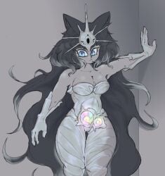 1girls 2024 :3 anthro ass_from_the_front ass_visible_through_thighs black_fur black_hair blue_eyes breasts cat_ears catgirl cleavage clothing crystal digital_media_(artwork) dress ear_tuft epicfest_(the_battle_cats) eyelashes female gem gloves grey_body grey_hair grey_skin hand_on_wall headgear headwear hi_res humanoid izanami_of_dusk legs_together legwear long_hair one-piece_dress pincparti rainbow simple_background smooth_skin solo_female solo_focus spiky_hair standing the_battle_cats thick_thighs wall wall_(structure) white_clothing wide_hips wraps