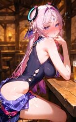 1girls ai_generated blue_eyes blush braid breasts citlali_(genshin_impact) drink drunk female female_only genshin_impact looking_at_viewer pink_hair pub seductive seductive_look sitting solo table