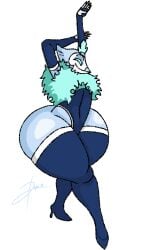 andrealphus_(helluva_boss) anthro avian big_ass bird blue_body demon doopie doopkaboom_(artist) gay heel_boots helluva_boss huge_ass leotard male_only solo_anthro solo_male tagme thick_thighs thighhighs wide_hips