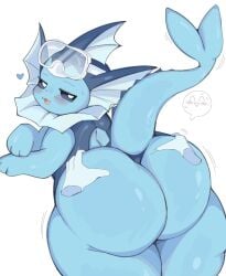 adorable anthro ass big_ass big_butt biped blue_body blue_sclera blue_tail blush cute cute_face cute_fangs eeveelution eyewear eyewear_on_head fangs female goggles goggles_on_head heart_symbol huge_ass huge_butt looking_at_viewer looking_back looking_back_at_viewer nintendo open_mouth pokemon pokemon_(species) rear_view rokacake smile smiling_at_viewer solo speech_bubble tail teeth vaporeon white_body white_eyes