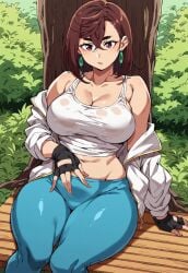 ai_generated ayase_momo big_breasts brown_hair civitai clothed_female dandadan dumptruck_ass dumptruck_butt earings fingerless_gloves huge_breasts jeans laying_down outdoors shoes slim_waist solo_female summer tank_top thick_thighs thunderthighs