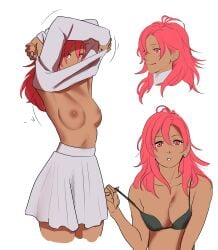 bra bra_strap_down dark_skin fire_emblem fire_emblem:_three_houses hapi_(fire_emblem) nipples pomelomelon red_eyes red_hair shirt_lift sketch skirt taking_clothes_off