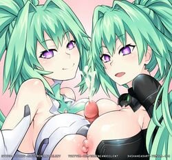 1boy 2girls blush bodysuit breast_press breasts cleavage commentary_request cum cum_on_body cum_on_upper_body cumdrip double_paizuri dual_persona ejaculation ejaculation_between_breasts erect_nipples gloves green_hair green_heart heart heart-shaped_pupils large_breasts long_hair looking_at_viewer multiple_girls multiple_paizuri neptunia_(series) nipples open_mouth paizuri penis pink_background ponytail pov power_symbol purple_eyes sereneandsilent shiny shiny_hair shiny_skin solo_focus straight symbol-shaped_pupils symmetrical_docking teamwork tied_hair uncensored upper_body vert very_long_hair