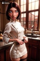 1girls ai_generated artist_name belt black_thighhighs blue_eyes bob_cut breasts brown_hair buttons chef colette_tatou cowboy_shot disney dress food hi_res holding indoors instagram_logo kitchen knife lips looking_at_viewer medium_breasts parted_lips phone pixar r34arts ratatouille short_hair sink solo thighhighs window zettai_ryouiki