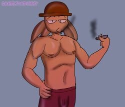 anthro bad_anatomy boxers canelitabunny cowboy cowboy_hat male_boobs male_only nipples old_man older_male red_boxers sfw sheriff smoking sprunki tunner_(sprunki)