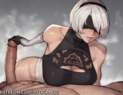 ai_generated covered_eyes handjob large_breasts large_penis leotard naughty_face nier:_automata nursing_handjob ryogangg sweat yorha_2b