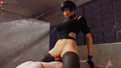 3d 3d_(artwork) darkbahamuth midriff reina_mishima sex short_hair stockings tekken tekken_8