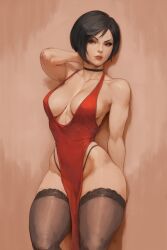 1girls ada_wong ai_generated black_hair brown_eyes capcom cleavage cleavage_cutout curvy dress female_only fit_female hi_res large_ass large_breasts resident_evil resident_evil_4 short_hair simple_background slim_waist stockings thedachy thong wide_hips