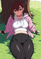 ai_generated ayase_momo big_breasts brown_hair civitai clothed_female dandadan dumptruck_ass dumptruck_butt earings fingerless_gloves huge_breasts jeans laying_down outdoors shoes slim_waist solo_female summer tank_top thick_thighs