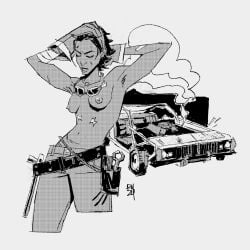 1girls alyx_vance breasts car casual female franceafterdark greyscale half-life half-life_2 signature sketch tagme tan_body tan_skin topless